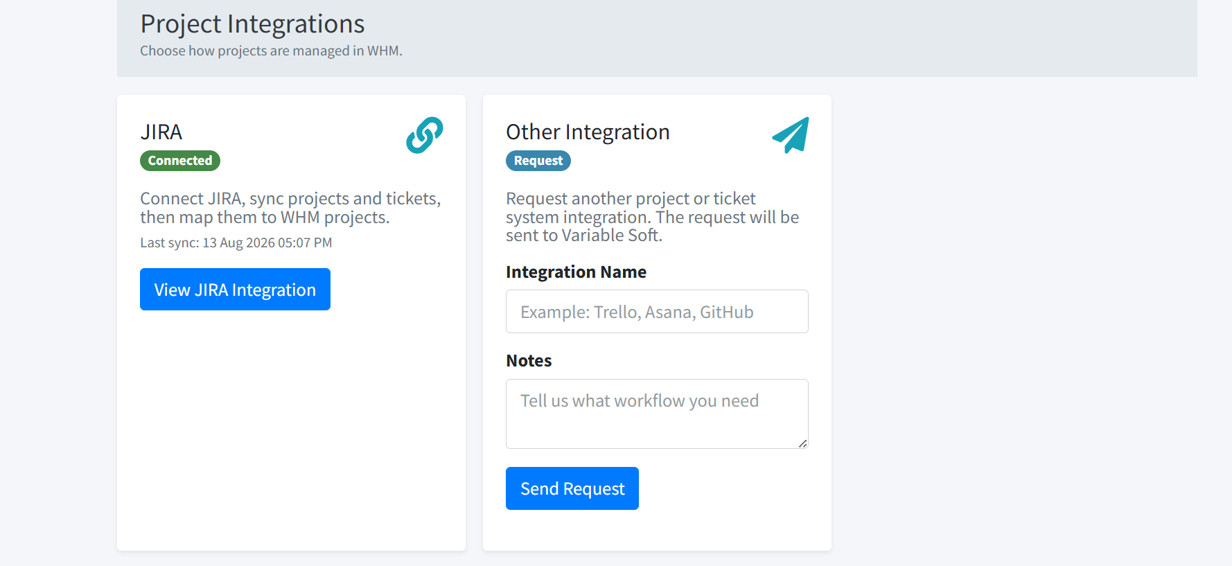 On demand project tool integration screenshot